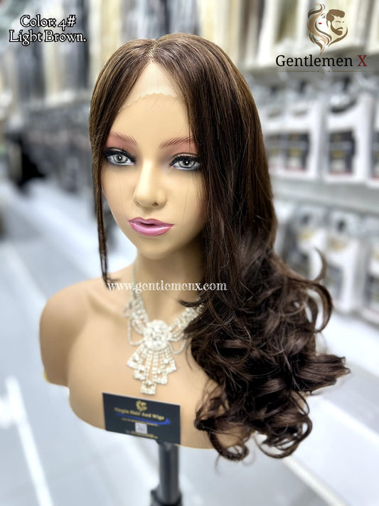 20''-22'' Arsuim Side T Part Remy human Hair Lace Wig Natural Wave Color 4# Brown