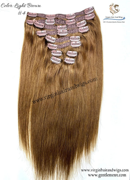 TGX Arnomeda 16''-18'' 100% Human Hair Full Head 10PCS Clips in Hair Extensions set 140g 4# Light Brown Stright